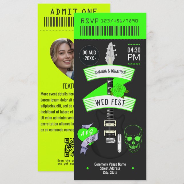 Convites Bilhete de Casamento Rock ’n’ Roll Electric Lime (Frente/Verso)