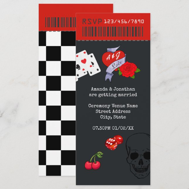 Convites Bilhete de Casamento Rockabilly (Frente/Verso)