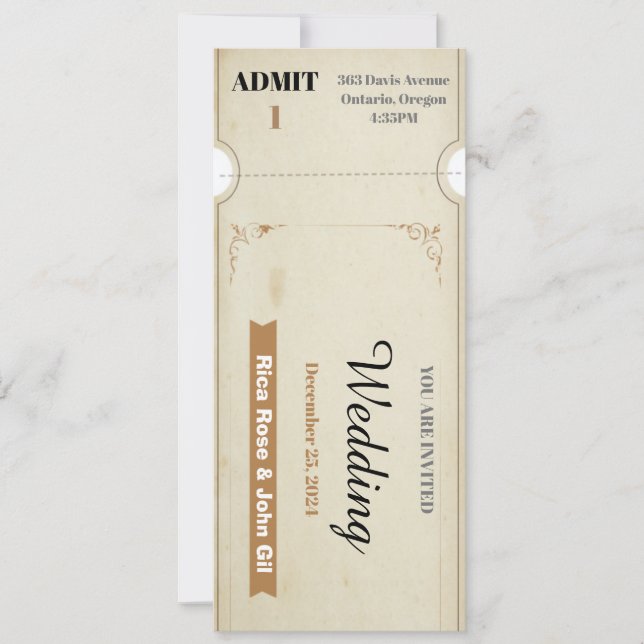 Convites Bilhete de casamento vintage grátis (Frente)