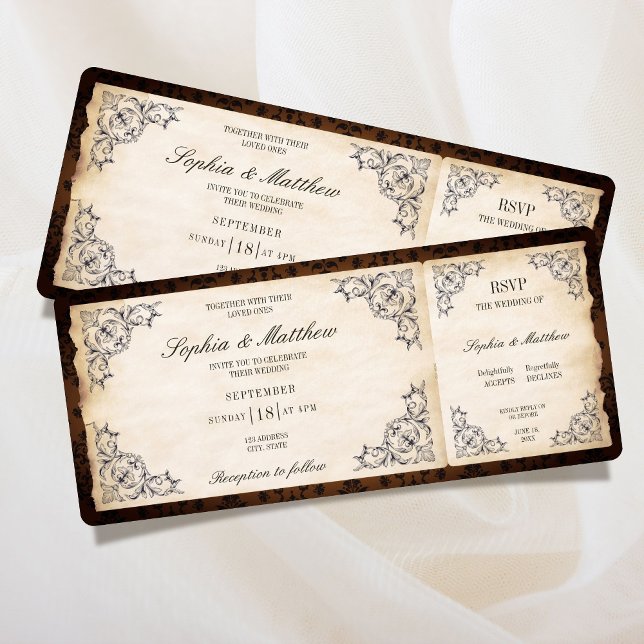 Convites Bilhete de Casamento Vintage RSVP Barroco (Vintage Wedding Ticket RSVP Baroque Invitation)