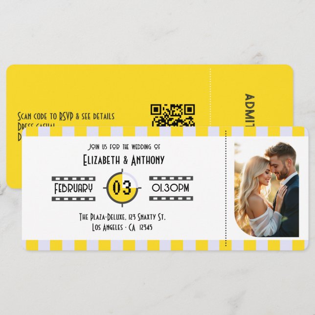 Convites Bilhete de Cinema Amarelo, Lavanda e Branco da Ger (Frente/Verso)