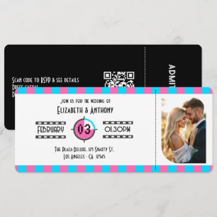 Convites Bilhete de Cinema Azul Neon, Rosa Vibrante e Preto