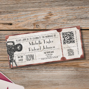 Convites Bilhete de Cinema Rústico Antigo com Código QR RSV