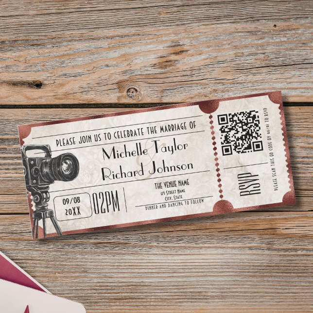 Convites Bilhete de Cinema Rústico Antigo com Código QR RSV (Rustic Vintage Movie Ticket with RSVP QR Code Invitation)