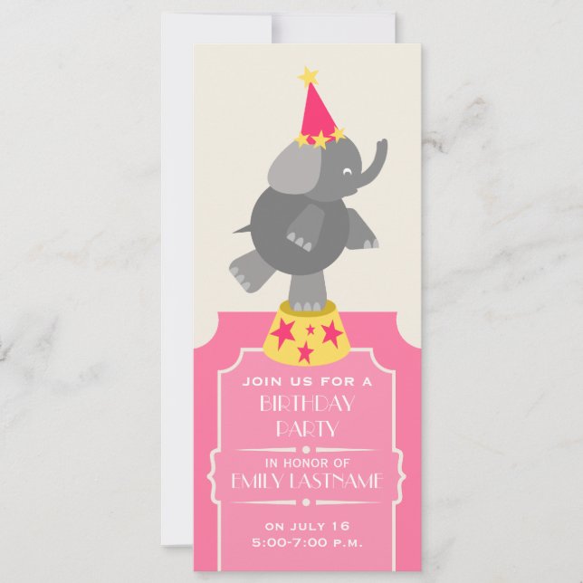 Convites Bilhete de Circo Cor-de-Rosa Elefante Festa de Ani (Frente)