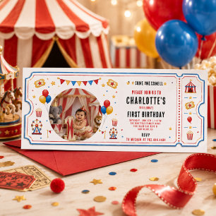 Convites Bilhete de Circo Vermelho Moderno para 1º Aniversá