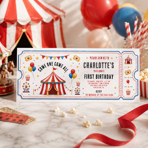 Convites Bilhete de Circo Vermelho Moderno para 1º Aniversá