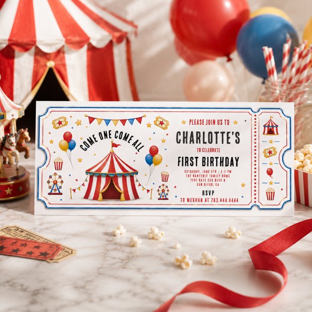 Convites Bilhete de Circo Vermelho Moderno para 1º Aniversá (Modern Red Circus Ticket 1st Birthday | Any Gender Invitation
)