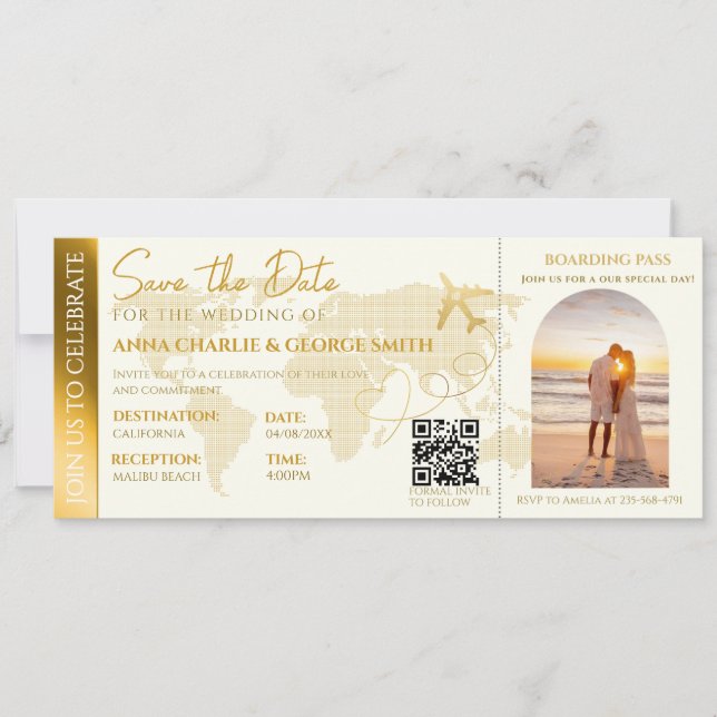 Convites Bilhete de Embarque Com Foto de casamento (Frente)