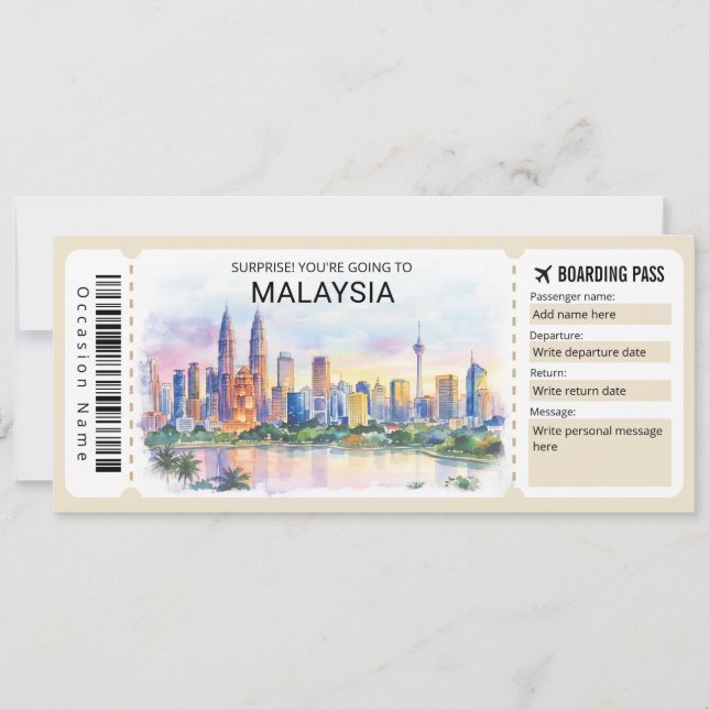 Convites Bilhete de Embarque da Viagem para a Malásia (Frente)