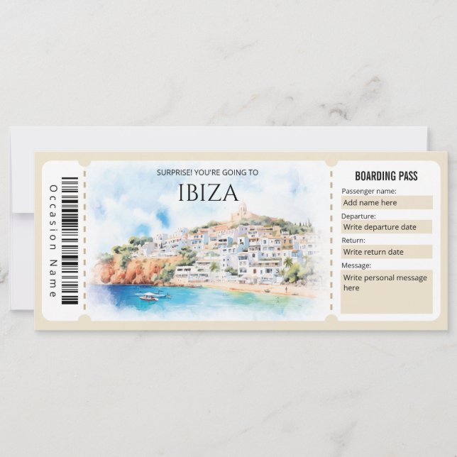Convites Bilhete de Embarque de Plano Ibiza Editável (Frente)