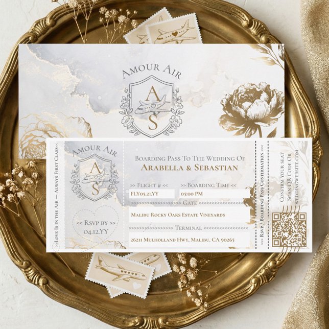 Convites Bilhete de Embarque Floral para Casamento de Desti (Boarding Plane Ticket Floral Destination Wedding Invitation)