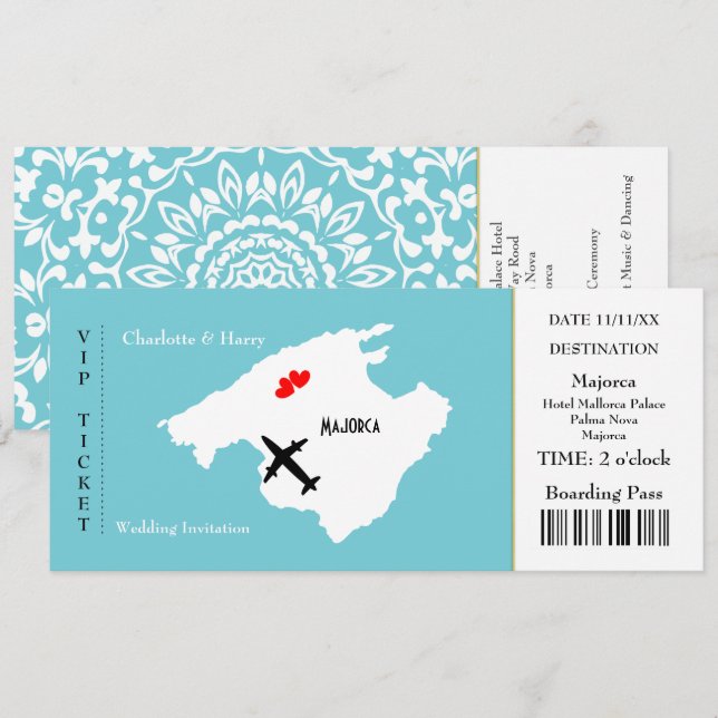Convites Bilhete de Embarque Pass Casamento Destino Maiorca (Frente/Verso)