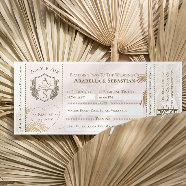Convites Bilhete de Embarque Tropical para Casamento de Des (Tropical Boarding Plane Ticket Destination Wedding Invitation (Front))