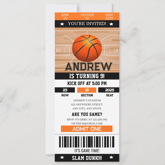 Convites Bilhete de Esportes de Bash de Birthday Slam Dunk  (Frente)