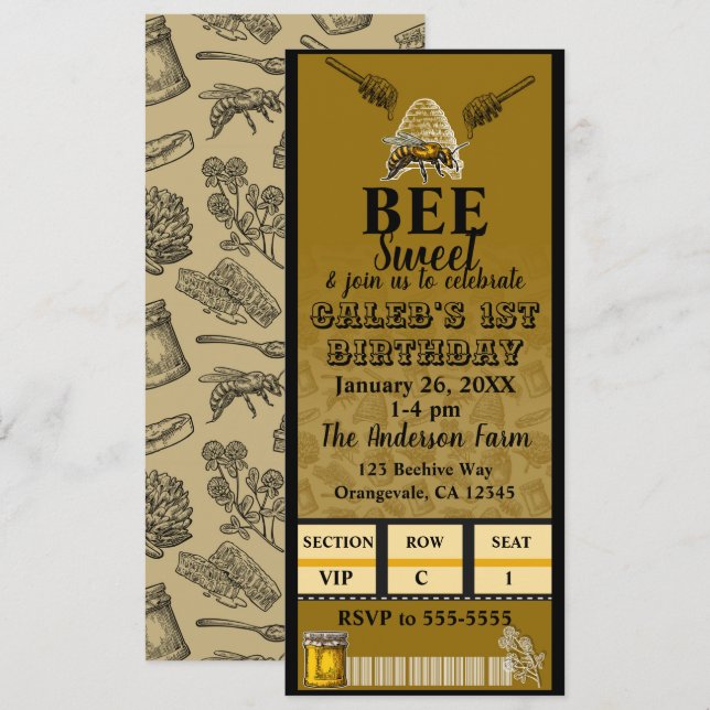 Convites Bilhete de Evento de Aniversário de Colmeia de Abe (Frente/Verso)