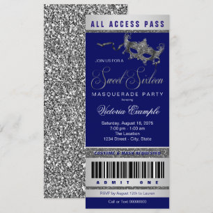 Convites Bilhete de festa Blue Silver Sweet 16