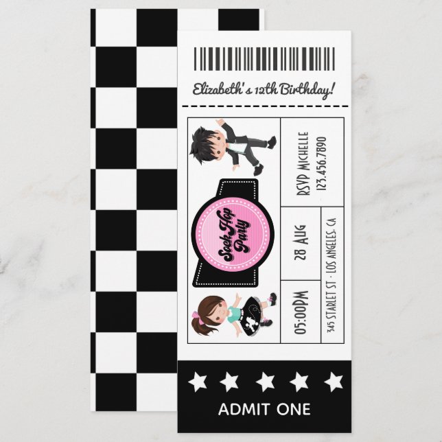 Convites Bilhete de Festa Sock Hop (Frente/Verso)