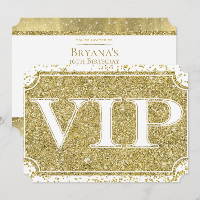 Convites Bilhete de Festa VIP Glam Glitter Ouro Branco Conf (Frente/Verso)