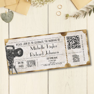 Convites Bilhete de Filme Retro Vintage com Código QR RSVP