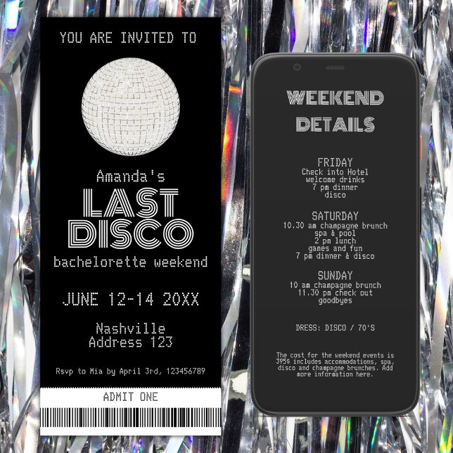 Convites Bilhete de Fim de Semana do Último Disco da Silver (last disco silver bachelorette party invitation ticket weekend itinerary)