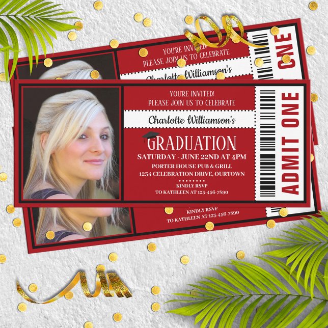 Convites Bilhete de Foto Vermelho e Branco Festa de Graduaç (Criador carregado)