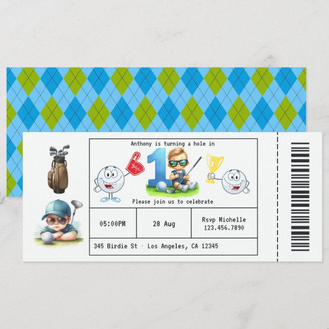 Convites Bilhete de Golfe para Menino Estilo Festa de 1º An (Frente/Verso)