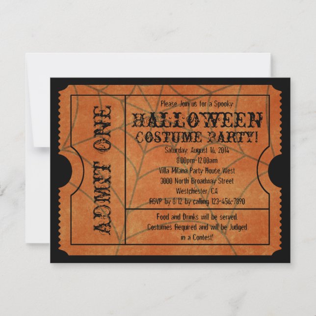 Convites Bilhete de Halloween da Web Orange Spider (Frente)