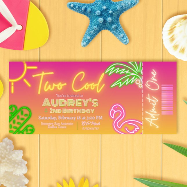 Convites Bilhete de Ingresso para Festa de Piscina Tropical (Two Cool Tropical Pink Neon Pool Party Ticket Invitation)
