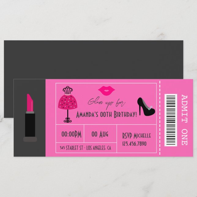 Convites Bilhete de Menina para Noite de Festa de Moda Glam (Frente/Verso)