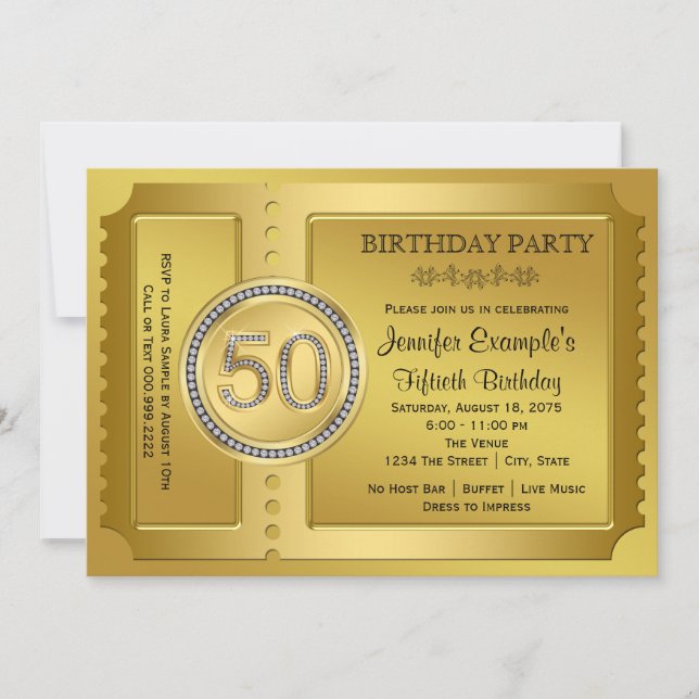 Convites Bilhete de Ouro Puro Festa de Aniversário de 50 an (Frente)