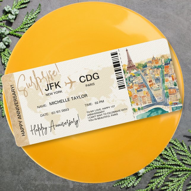Convites Bilhete de Passagem de Embarque de Aniversário de  (surprise boarding pass ticket trip to paris with watercolor illustrated map)