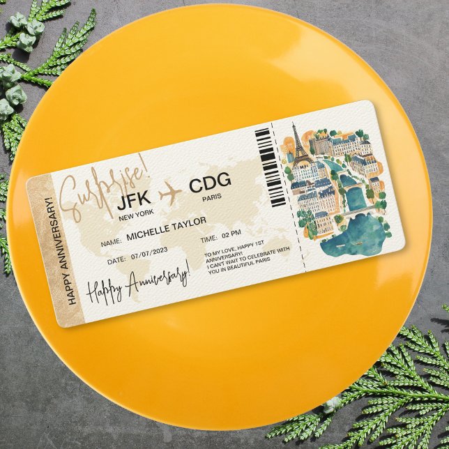 Convites Bilhete de Passagem de Embarque de Aniversário de  (surprise boarding pass ticket trip to paris with watercolor illustrated map)
