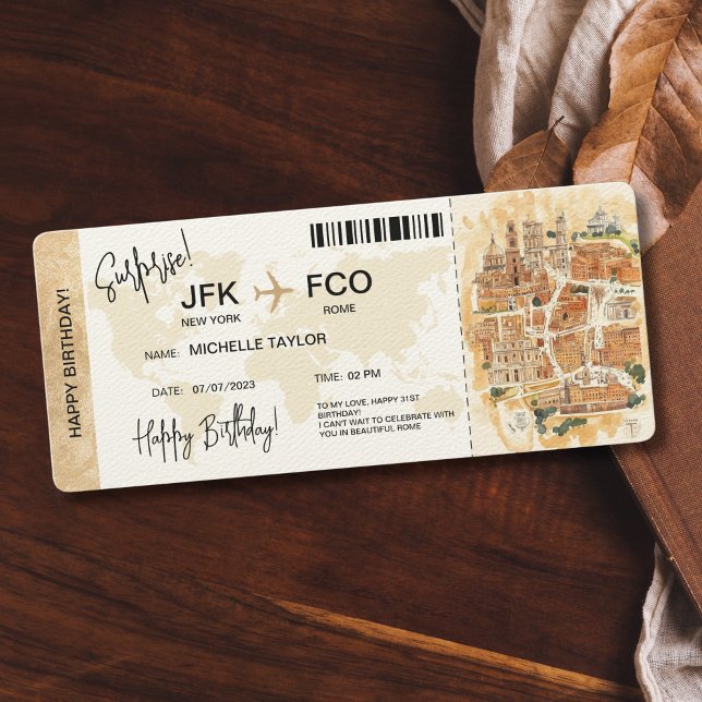 Convites Bilhete de Passagem de Embarque de Aniversário Sur (surprise boarding pass ticket trip to rome with watercolor illustrated map)