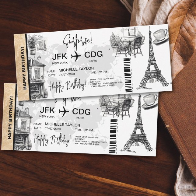 Convites Bilhete de Passagem de Embarque de Parceiro Surpre (paris themed doodles surprise boarding pass ticket)