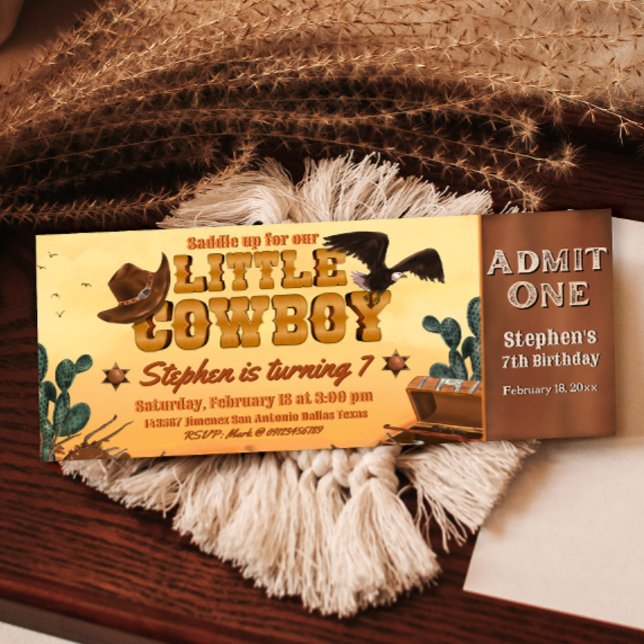 Convites Bilhete de Pequeno Vaqueiro (Little Cowboy -  Boy Birthday Ticket Invitation )