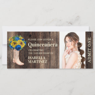 Convites Bilhete de Quinceañera de Bota de Rosa Azul de Gir