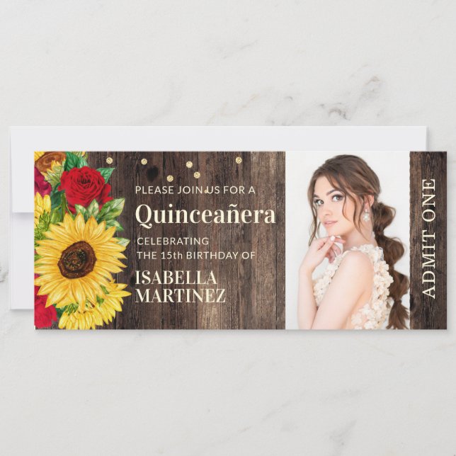 Convites Bilhete de Quinceañera de Botas de Girassóis Rústi (Frente)