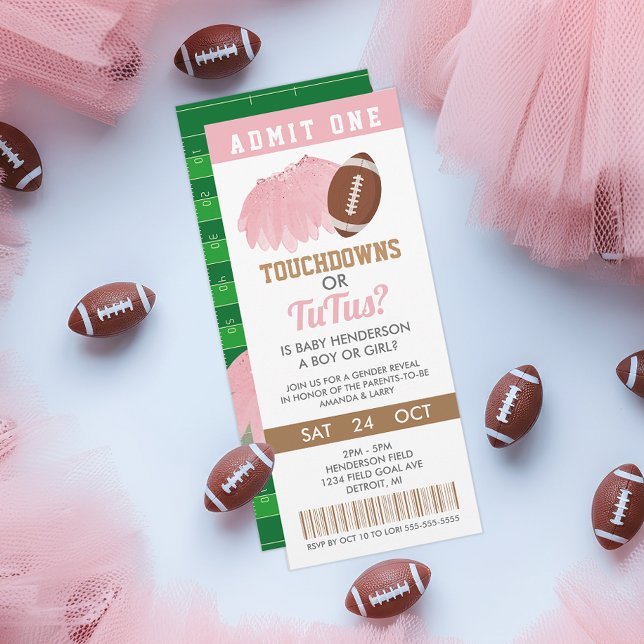 Convites Bilhete de Revelação de Gênero Touchdowns ou Tutus (Touchdowns or Tutus Gender Reveal Ticket Invitation)