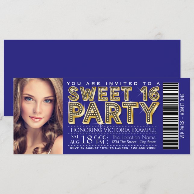 Convites Bilhete de Sweet 16 Azul Real e Dourado (Frente/Verso)