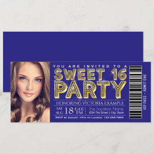 Convites Bilhete de Sweet 16 Azul Real e Dourado