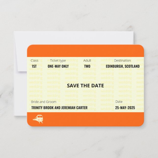Convites Bilhete de Trem Inspirado | Casamento Salve a Data (Frente)
