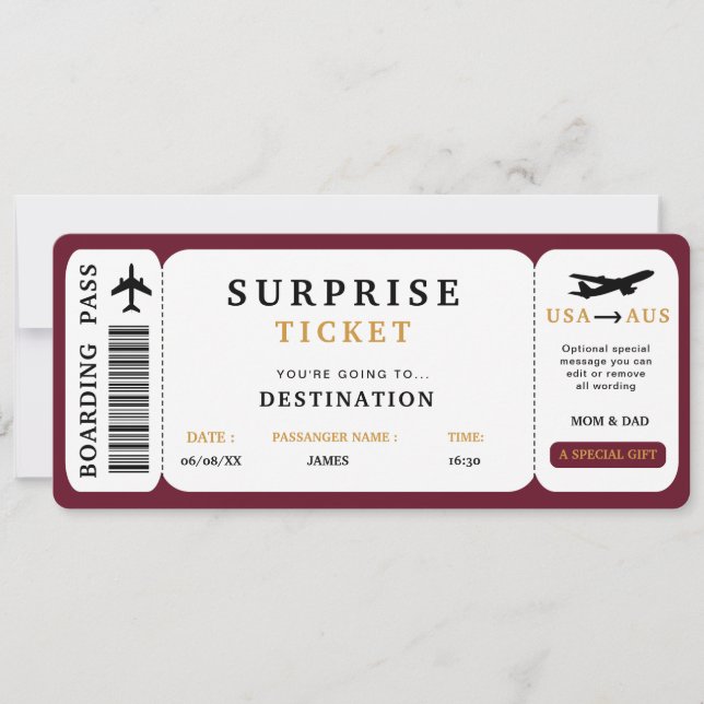 Convites Bilhete de Viagem Surpresa Passagem de Embarque Vi (Frente)