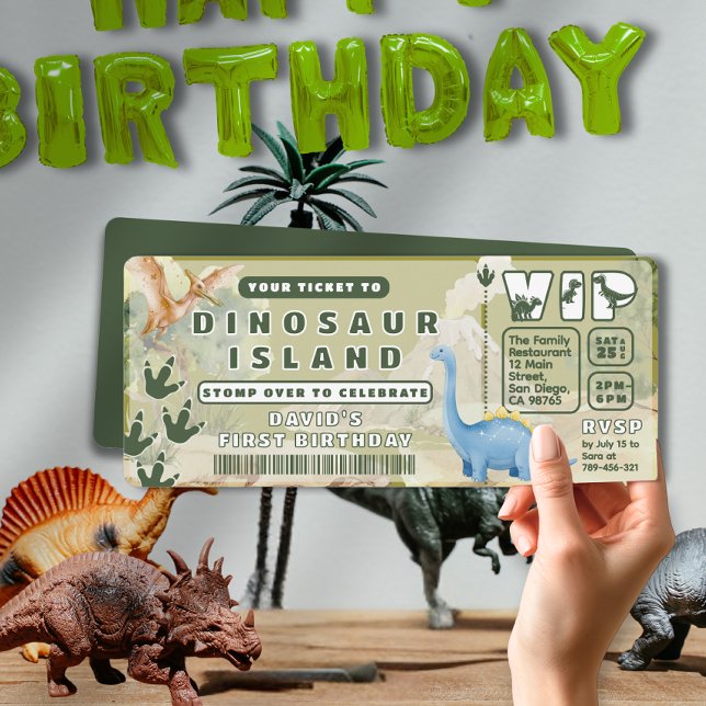 Convites Bilhete do Parque do Dinossauro da Selva do Vulcão (Jungle Volcano Dinosaur Theme Park Ticket Birthday Invitation)