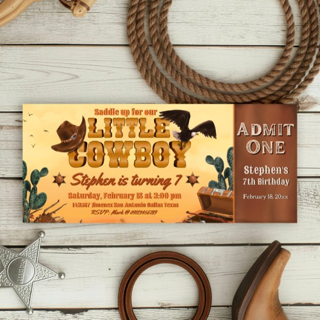 Convites Bilhete do Pequeno Cowboy (Little Cowboy -  Boy Birthday Ticket Invitation)