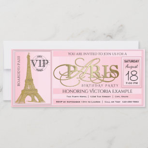 Convites Bilhete do PInk Paris Birthday Party