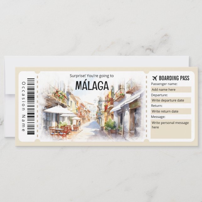 Convites Bilhete do Plano de Passagem de Embarque de Málaga (Frente)