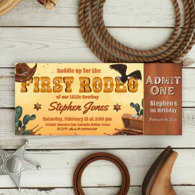 Convites Bilhete do Primeiro Rodeio  (First Rodeo -  Boy 1st Birthday Cowboy Ticket Invitation)