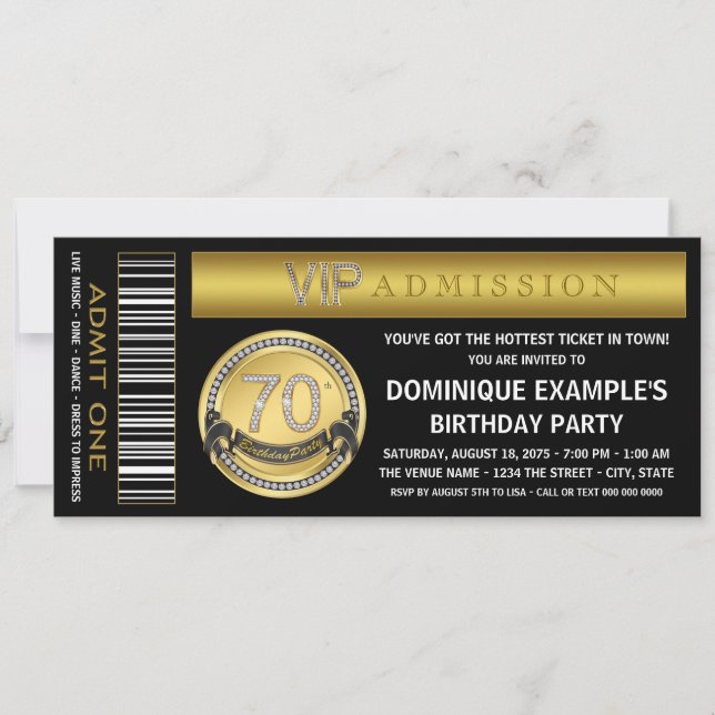 Convites Bilhete Dourado Festa de Aniversário de 70 anos (Frente)