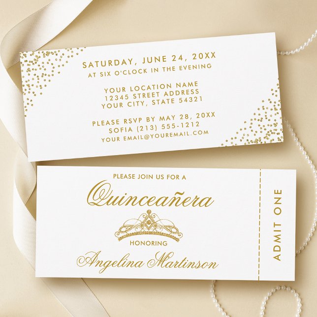 Convites Bilhete Elegante Quinceanera Dourado e Branco (Customize to change text style or text size.)